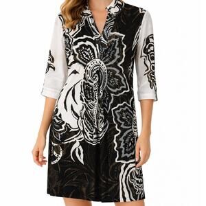 Simon Chang Shift Dress Medium Black Gold Floral 3/4 Sleeve Roll Tab Artsy